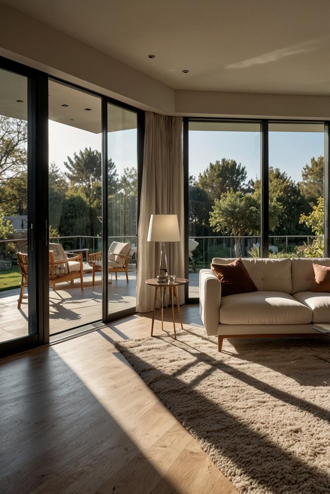 Helles Wohnzimmer mit Glas-Schiebetüren zum Balkon