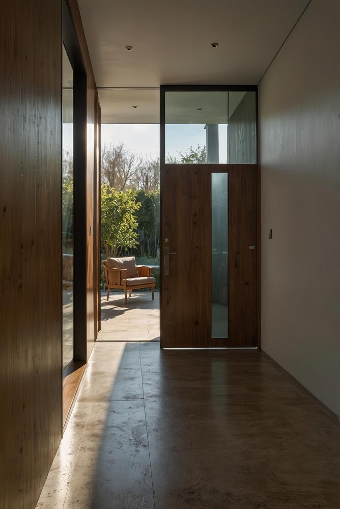 Heller Flur mit Glastür zum Wohnraum, lichtdurchflutet