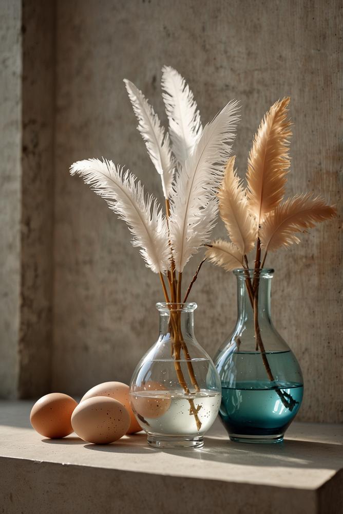 Glasvase mit Federn und Ostereiern im Badezimmer