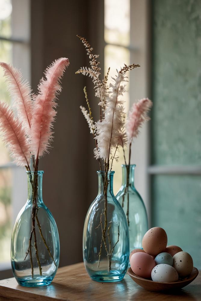 Glasvasen mit Federn und Eiern im hellen Eingangsbereich