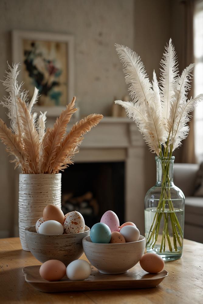 Helle Glasvasen mit Federn und Eiern als Osterdekoration