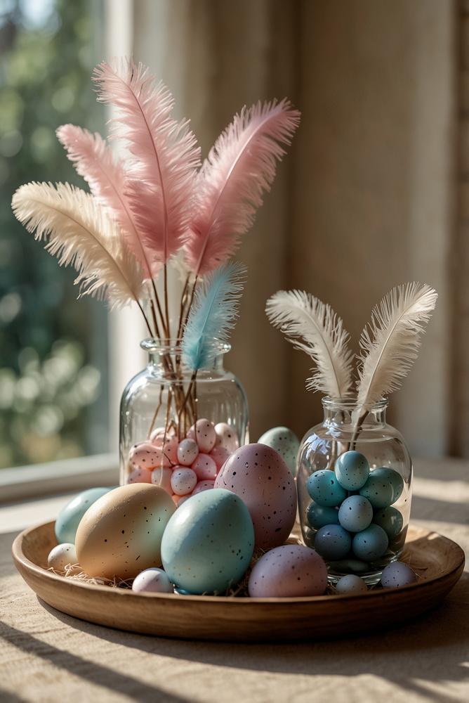 Glasvasen mit Federn und Eiern auf einem Tablett als Osterdeko