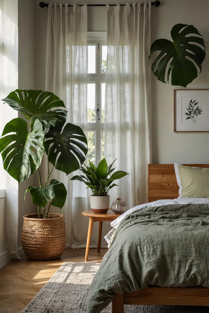 Großpflanze im hellen Schlafzimmer mit stilvollem Topf