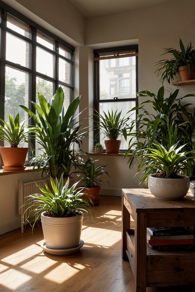 Helle grüne Pflanzenecke in modernem Raum mit Sonnenschein