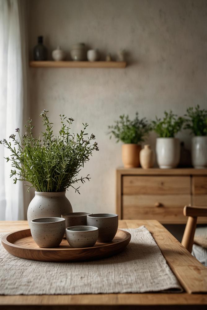 Helle Frühlings-Tischdeko mit grünen Kräutertöpfen