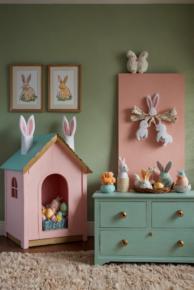 Helle, verspielte Oster-Wand mit hängenden Hasenhäuschen im Kinderzimmer