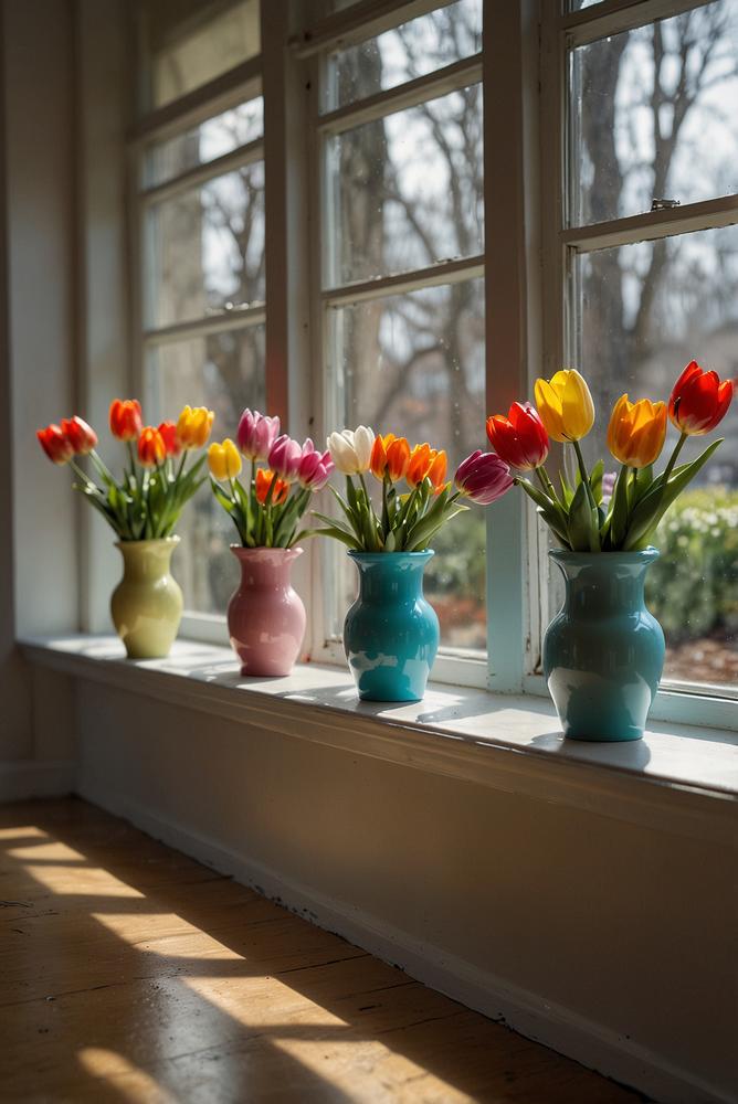 Fensterbank mit hängenden Mini-Vasen und Tulpen mit Eiern