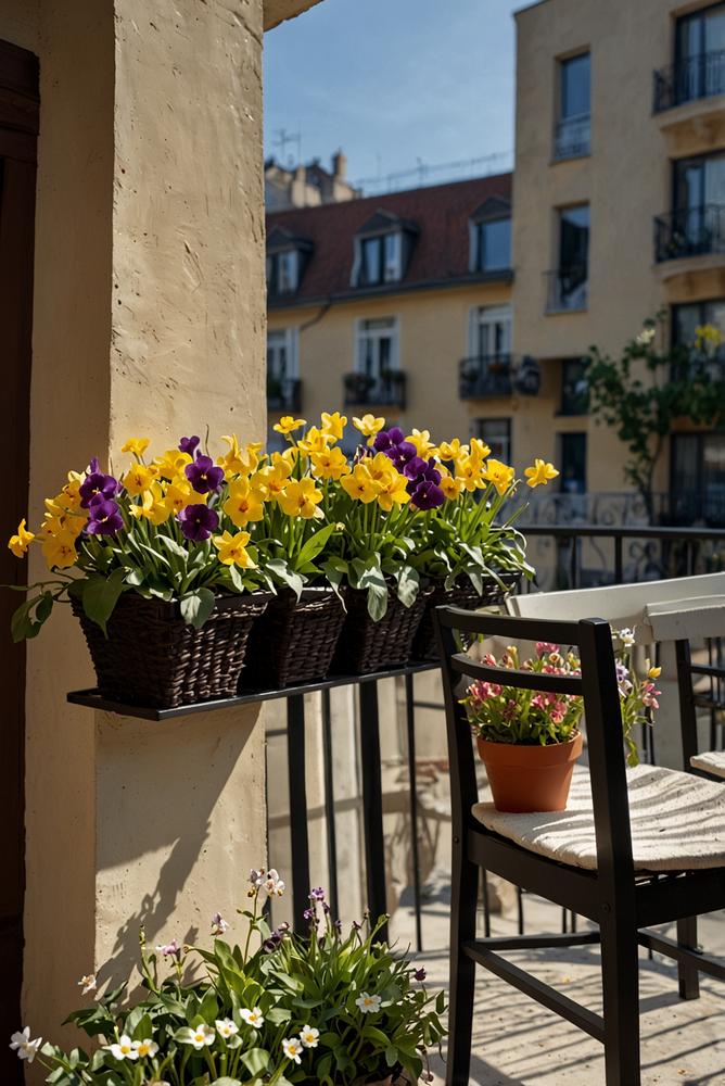 Helle, einladende Osterampeln mit bunten Frühlingsblumen am Balkon