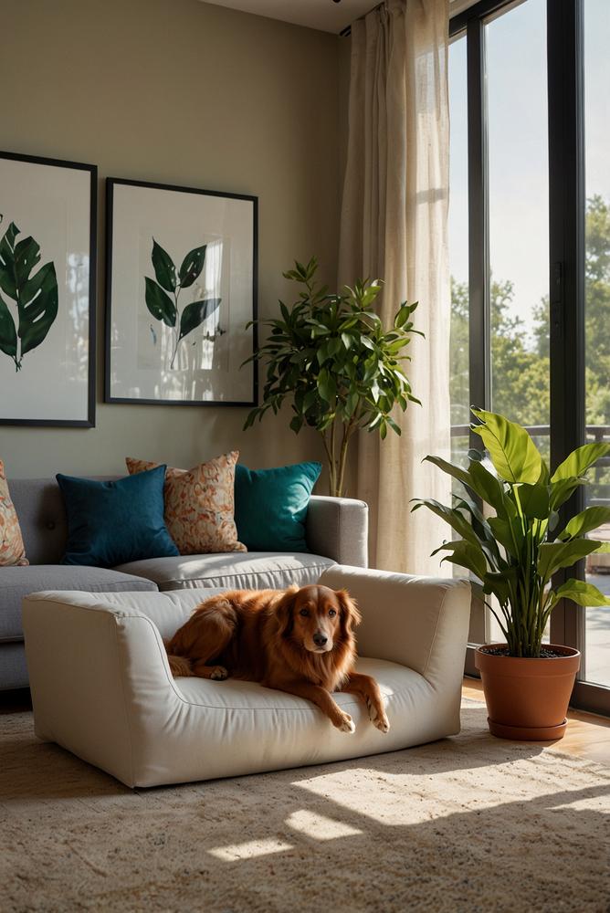 Helles Wohnzimmer im haustierfreundlichen Wohnstil mit Tiernischen