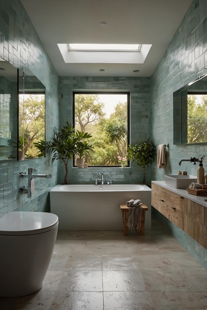 Helles Badezimmer mit pastellfarbenen Fliesen und hellen Accessoires