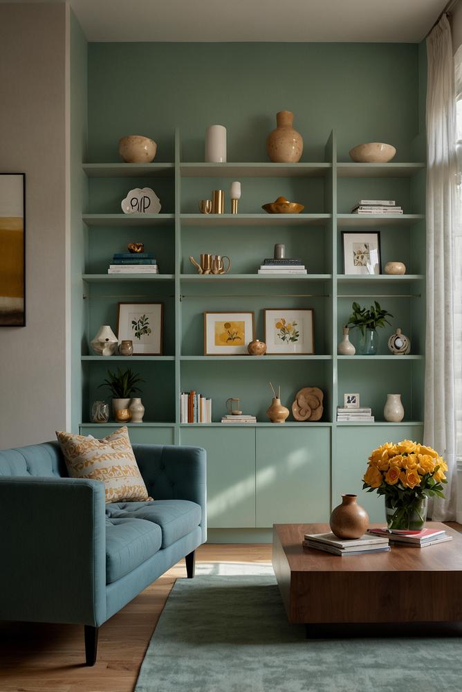 Regal mit hellen farbigen Rücken in hellem, freundlichem Raum