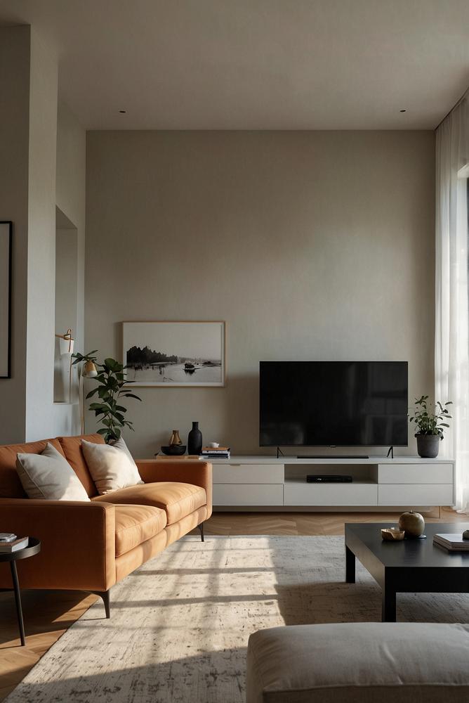 Wohnzimmer mit heller TV-Einheit und lichtdurchflutetem Raum