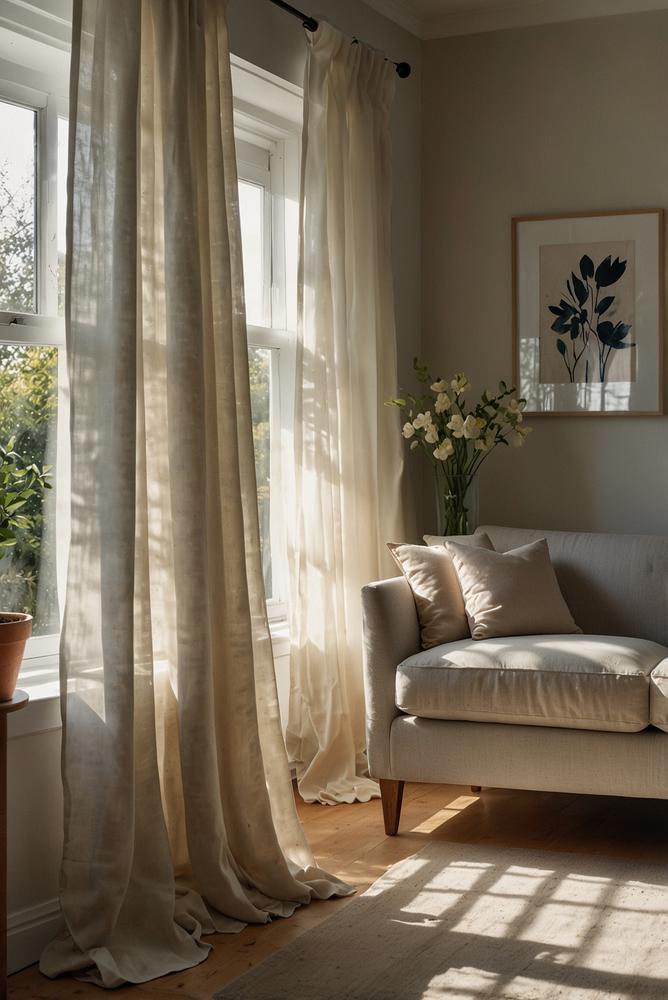 Helle Fensterrahmen und luftige Gardinen im Frühling