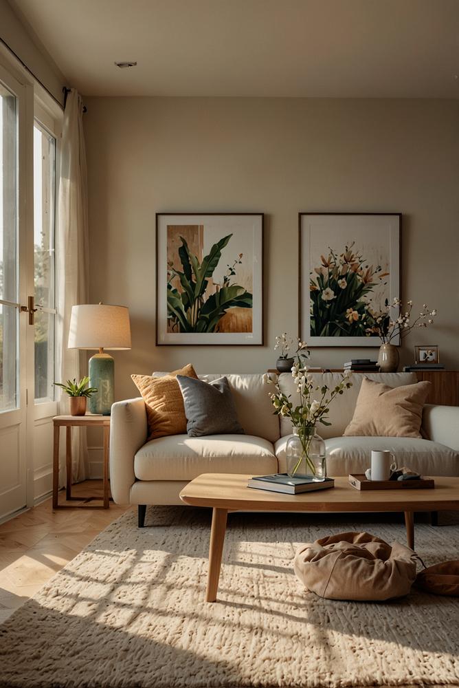 Wohnzimmer mit hellen Wandfarben und viel Tageslicht