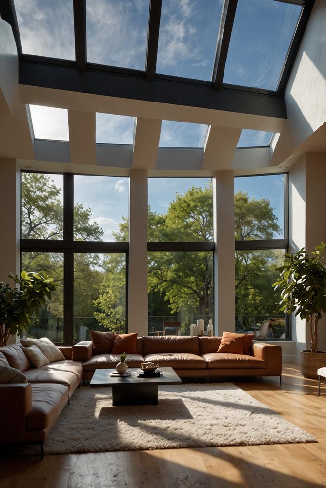 Helles Wohnzimmer mit Oberlichtern und Dachfenstern im Frühling