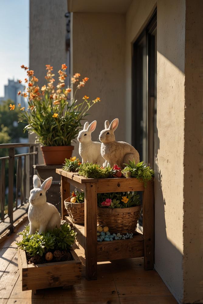 Holz-Osterhasen dekorieren einen hellen Balkon zu Ostern