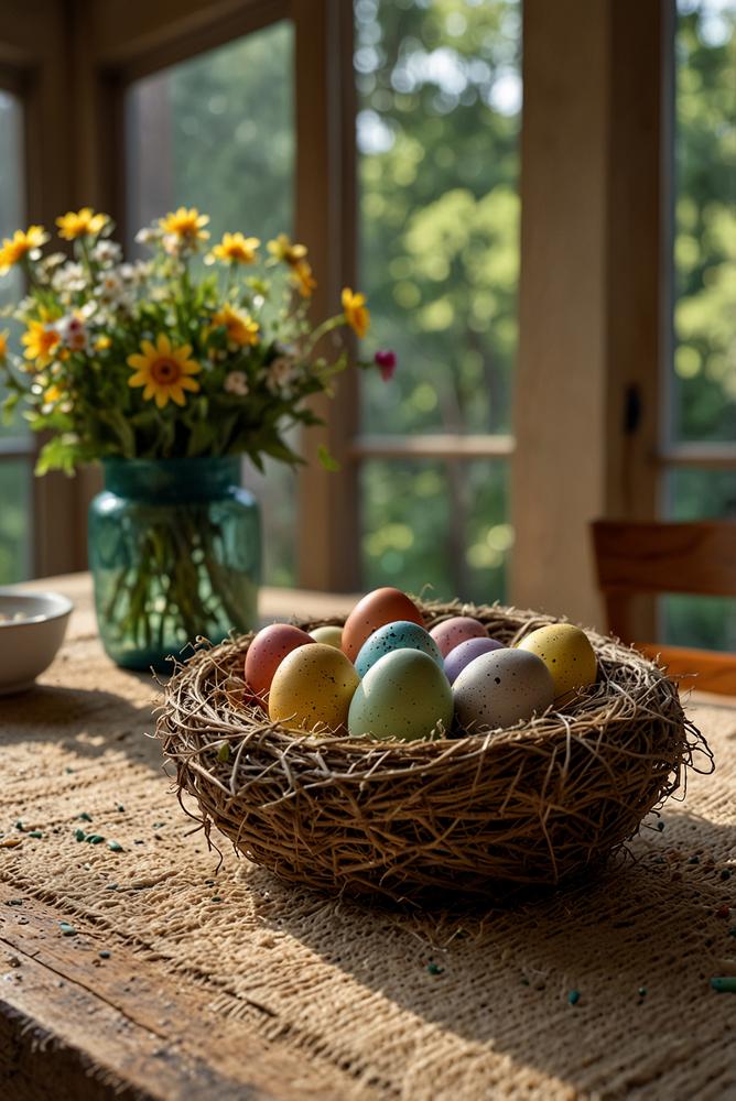 Jute-Osternest mit bunten Eiern auf hellem Esstisch