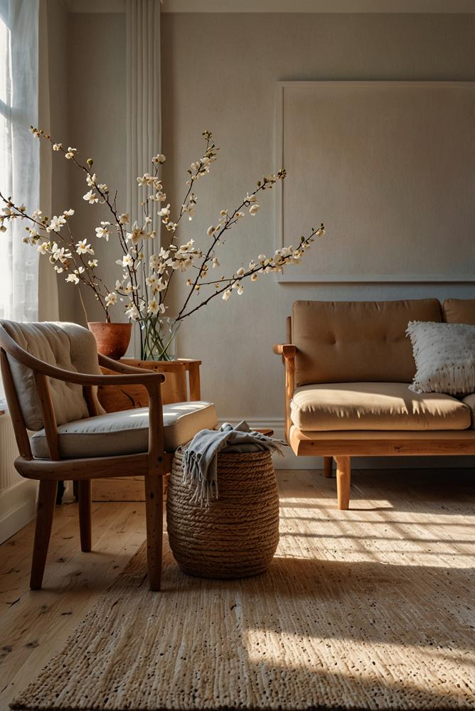 Heller Raum mit Juteteppich und natürlicher Dekoration