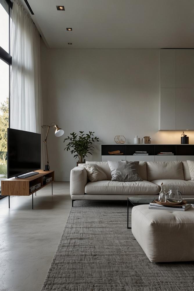 Modernes Wohnzimmer mit sauberem Kabelmanagement und viel Licht