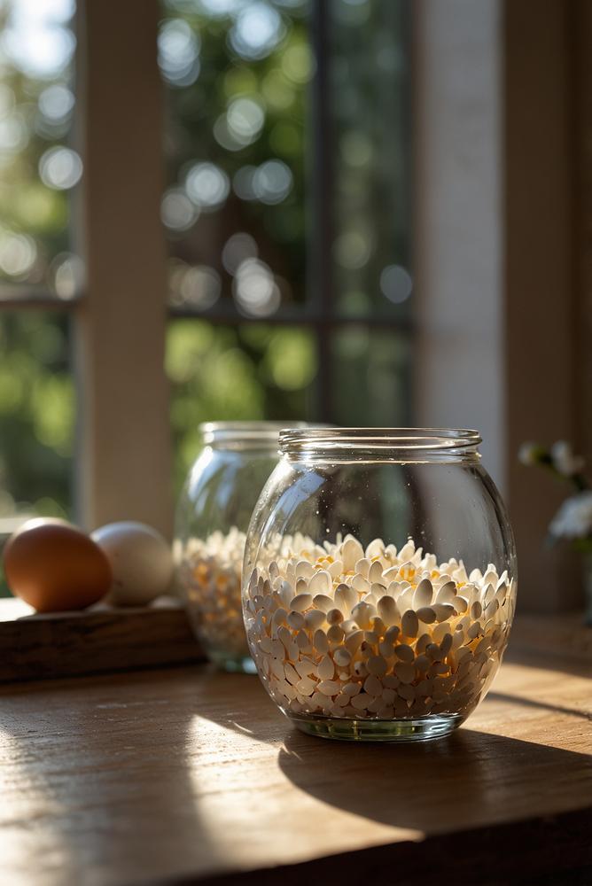 Helles Kerzenglas mit Eierschalen-Mosaik zu Ostern