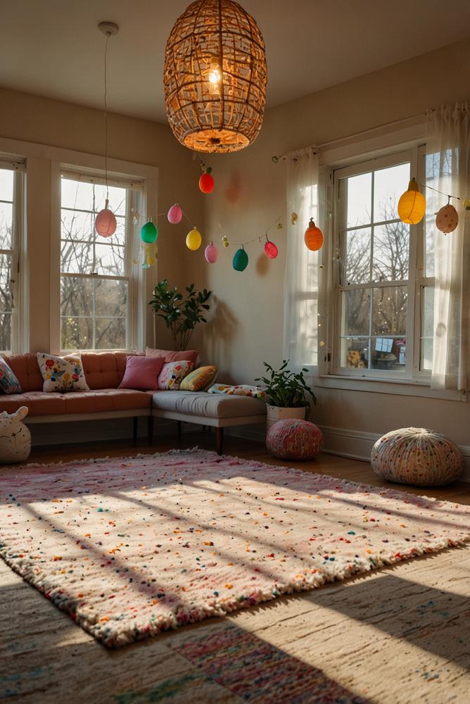 Kinder Tanzfläche im Wohnzimmer mit Oster-Dekoration