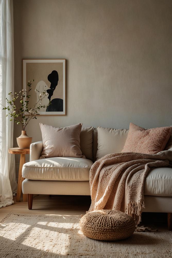 Helles Wohnzimmer mit Bio-Baumwollkissen und Decken