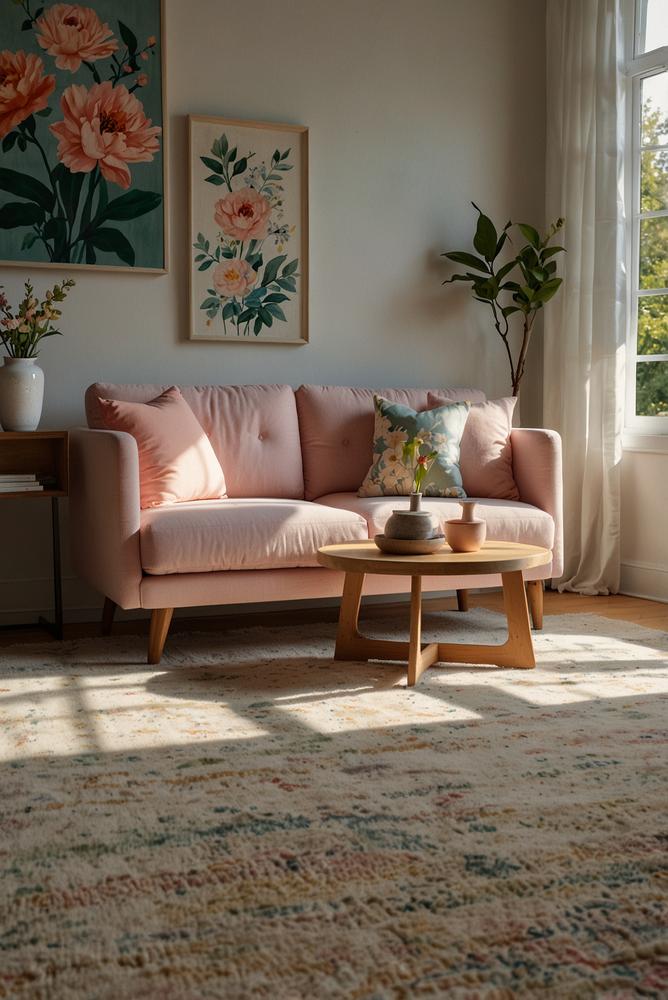 Kissen und Decken mit floralen Mustern im Sonnenlicht