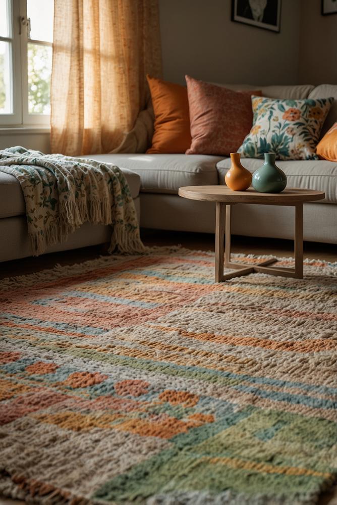 Helles Wohnzimmer mit Kissen und Decken im frischen Frühlingsstil