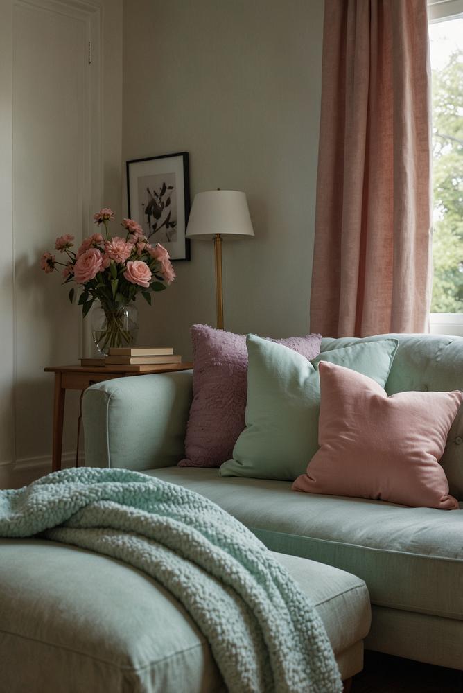 Helles Wohnzimmer mit pastellfarbenen Kissen und Decken im Frühling