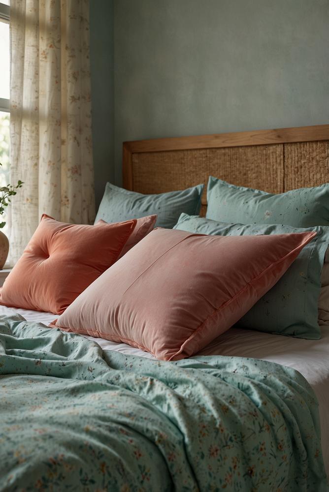 Frischer Kissenmix im Schlafzimmer in fruehlingsfarben