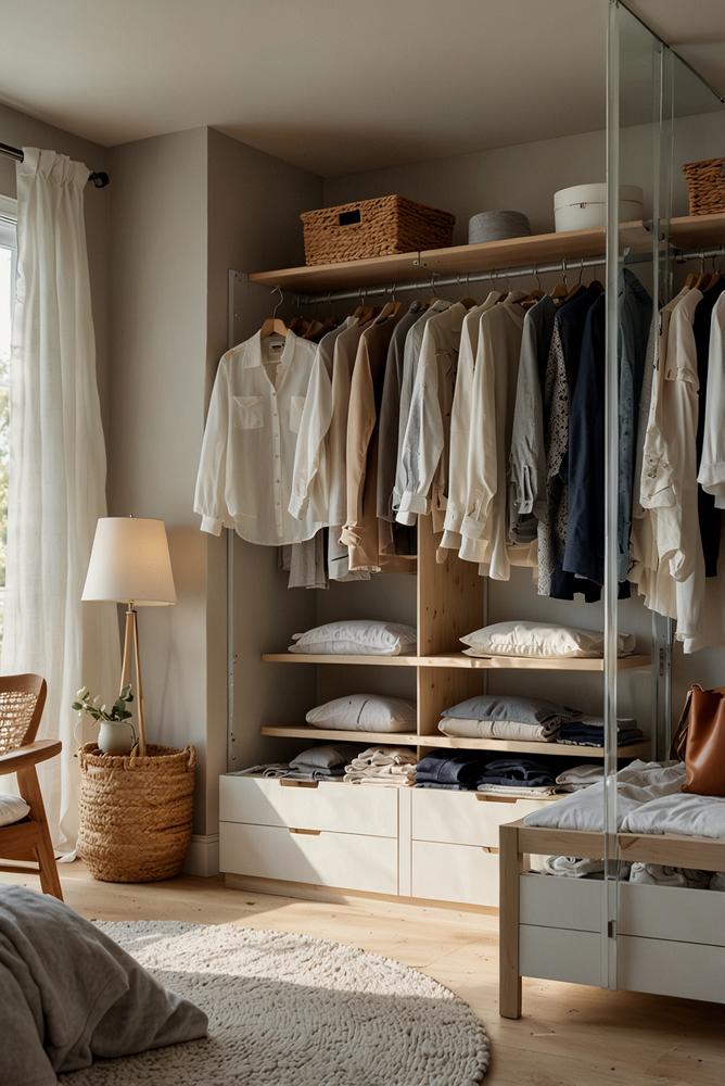 Aufgeräumter Kleiderschrank in hellem Frühlingsschlafzimmer