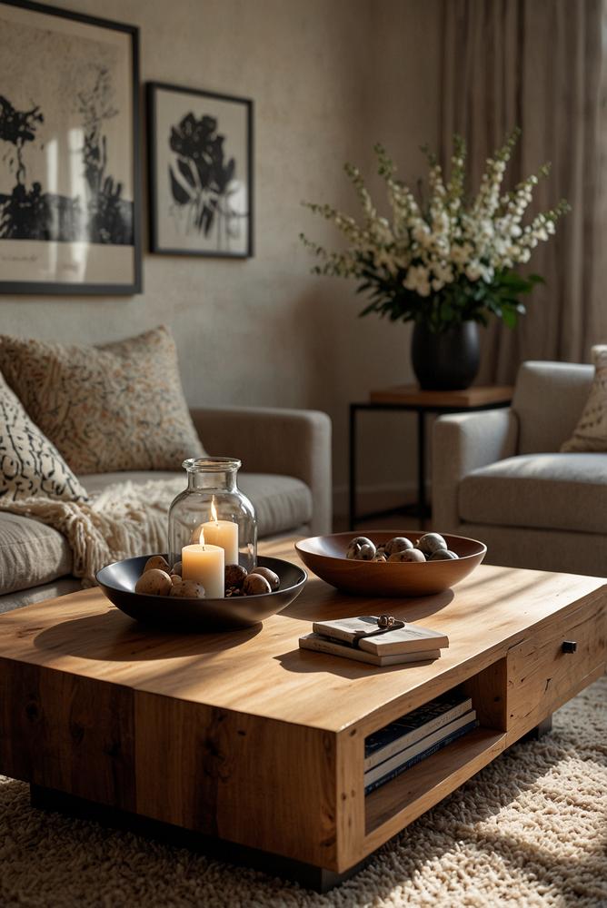 Helles Wohnzimmer mit stilvollem Coffee-Table-Styling