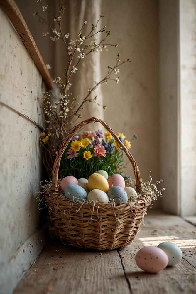 Heller Flur mit Korb und gefaerbten Ostereiern auf Leinentuch
