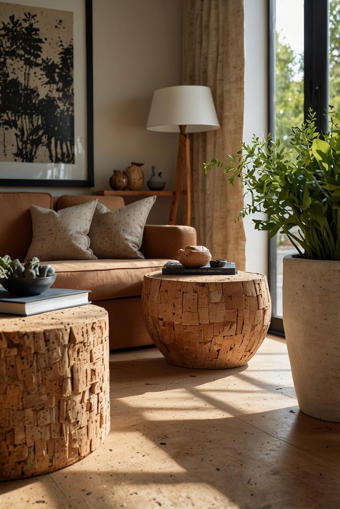 Helles wohnzimmer mit korkuntersetzern und pinnwaende aus kork