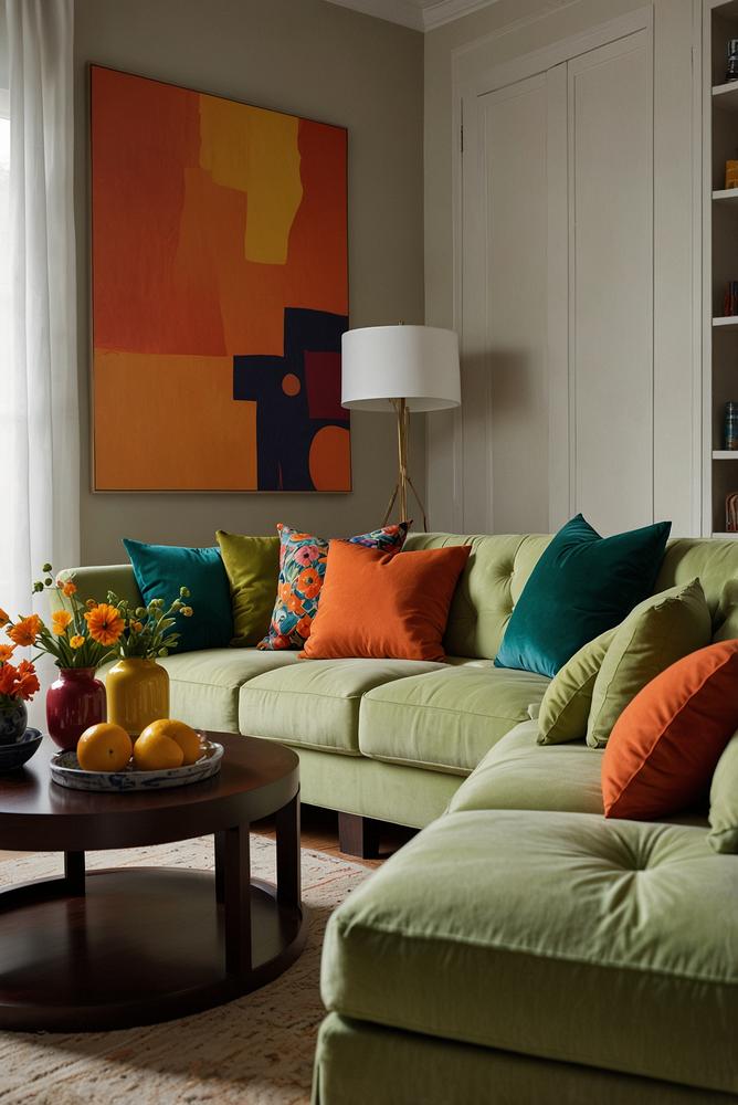Lebendiger Kissenmix in kräftigen Frühlingsfarben im Wohnzimmer