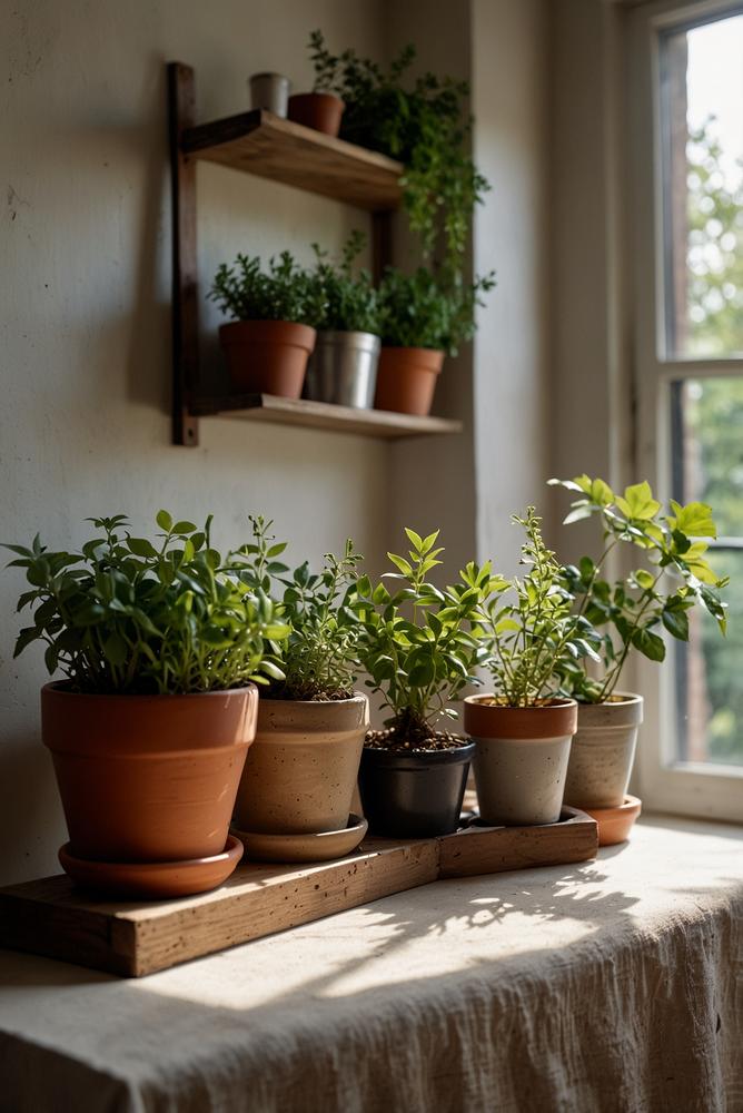 Helle Kräuterfensterbank im sonnendurchfluteten Schlafzimmer