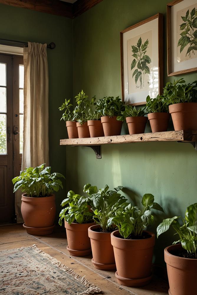 Helle Kräutertöpfe aus Holz und Ton mit frischen Kräutern