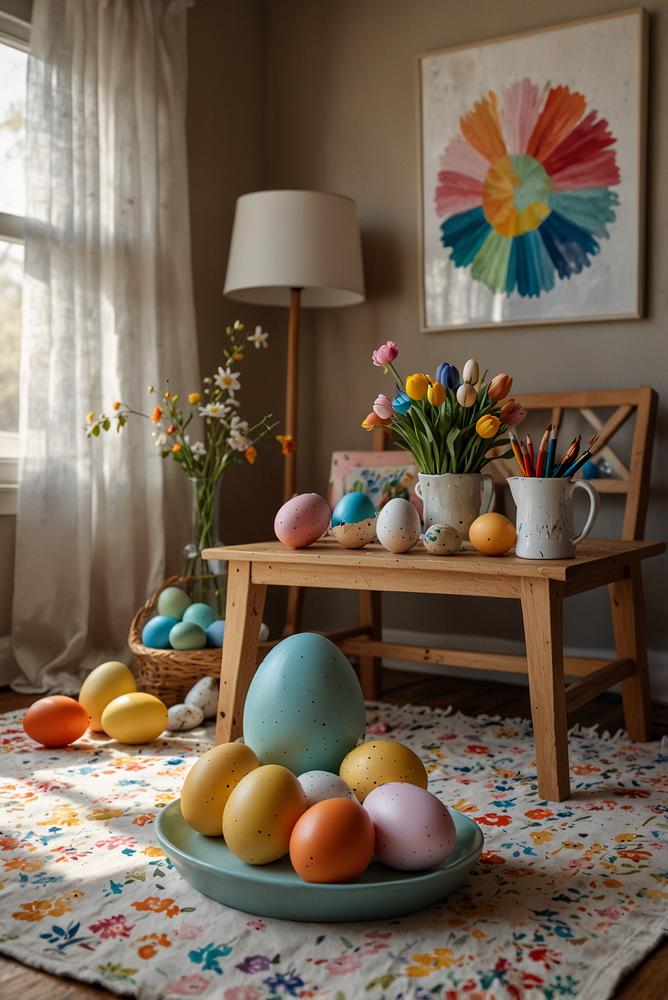 Helle Kreativ-Ecke zum Ostereierbemalen im Wohnzimmer
