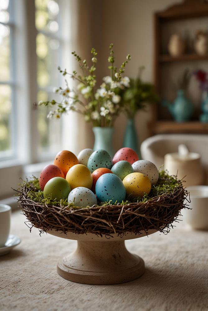 Osterdeko mit bunten Eiern im Eierkarton-Tisch in hellem Raum