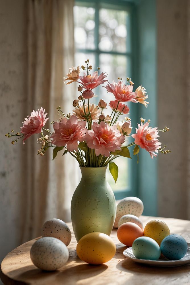 Helle Osterdeko mit Papierblumen und bemalten Eierkartons
