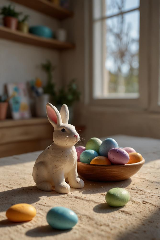 Helle, freundliche Salzteig-Anhaenger zu Ostern mit Kindern gestaltet