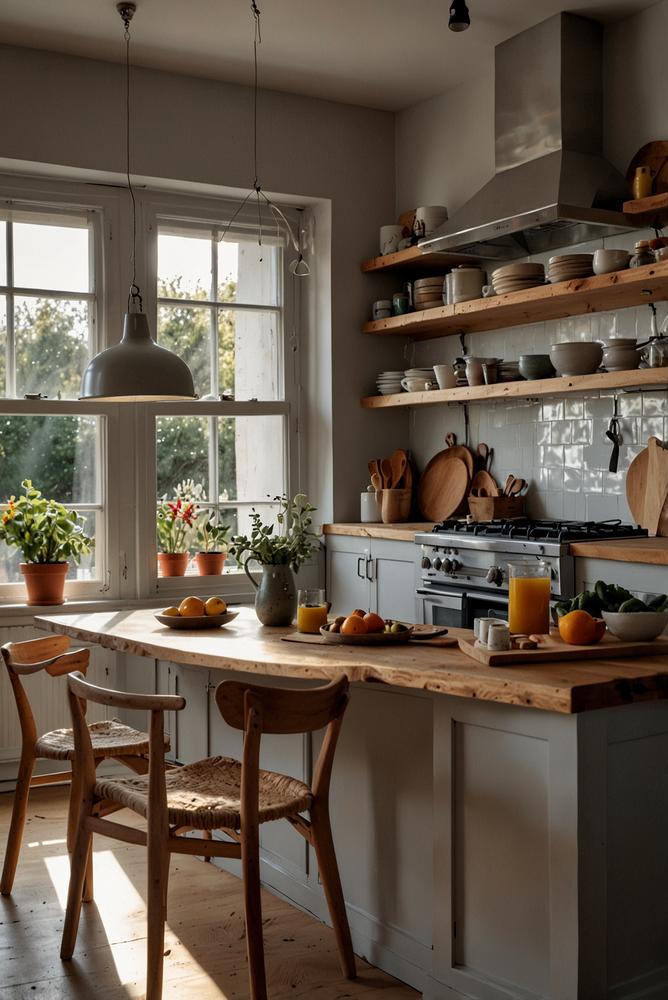 Helle Küche mit dekorativen Küchenutensilien aus Holz