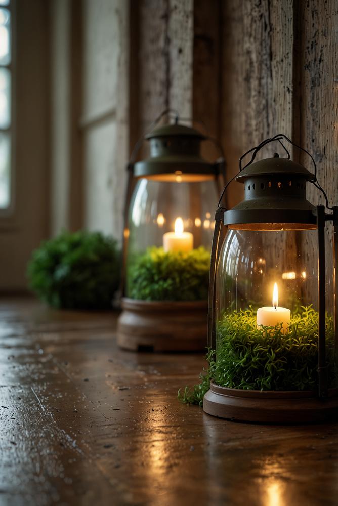 Laternen mit Moos und Holz-Eiern im hellen Flur