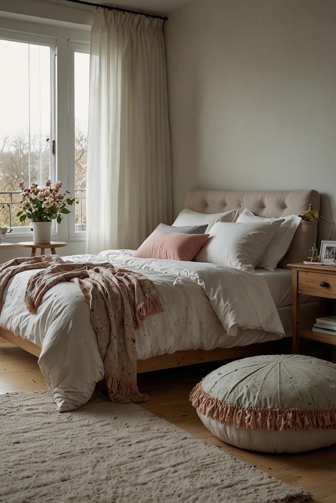 Helles Schlafzimmer mit leichter Tagesdecke und Frühlingsambiente