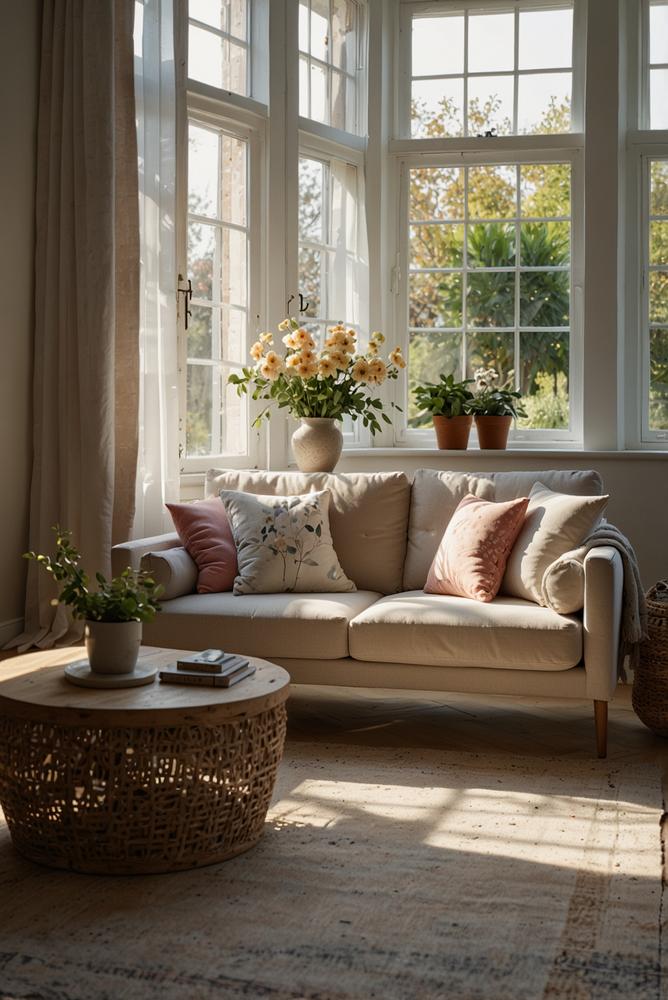 Helles Wohnzimmer mit leichten Kissen und Plaids im Frühling