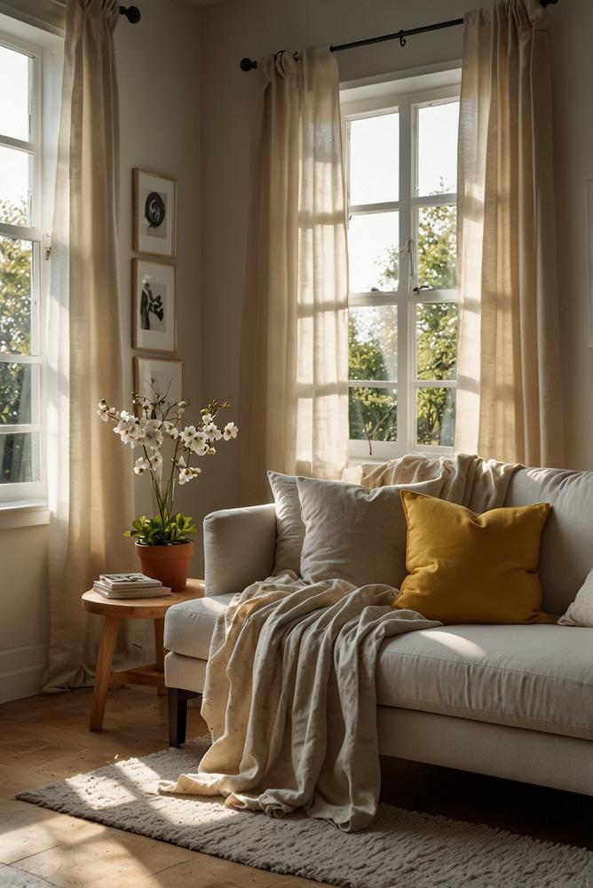 Lichtdurchflutetes Wohnzimmer mit leichten Tüchern und Sonnenlicht