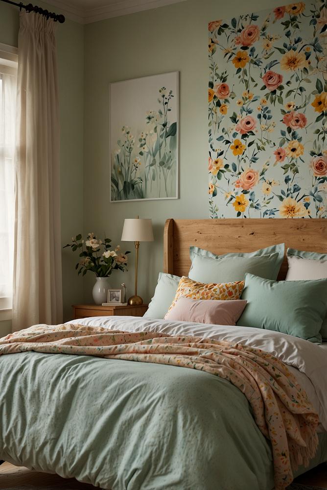 Leichte Vorhänge in frischen Frühlingsfarben im Schlafzimmer