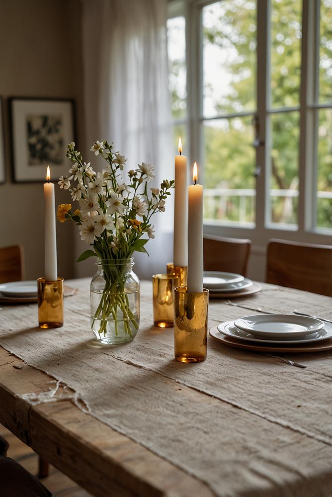 Essbereich mit leichtem Leinen-Tischlaeufer und Frühlingsdeko
