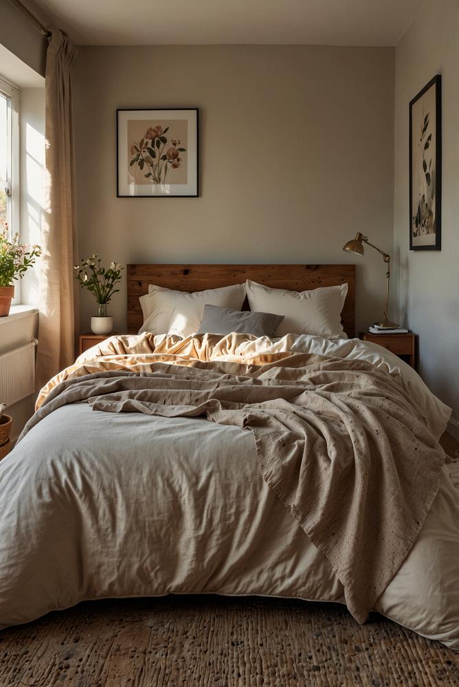 Lichtdurchflutetes Schlafzimmer mit Leinenbettwäsche in Naturtönen