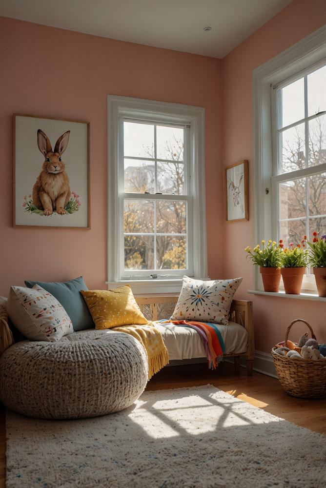 Leseecke mit Oster-Deko im Kinderzimmer hell und freundlich